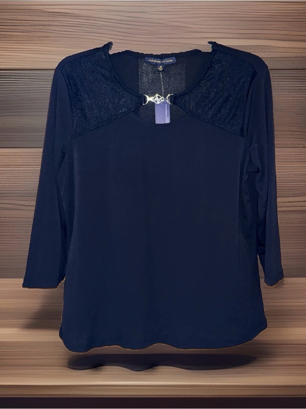 NWT Adrienne Vittadini Black Long-Sleeve Lace-Yoke Top w/Decorative Clasp-M